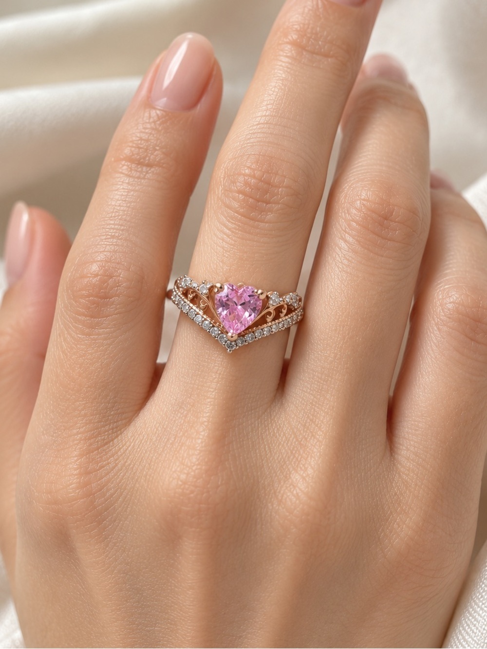 Rose Gold-Tone Pink Heart Stone Crown Clear Accents Ring (R49)